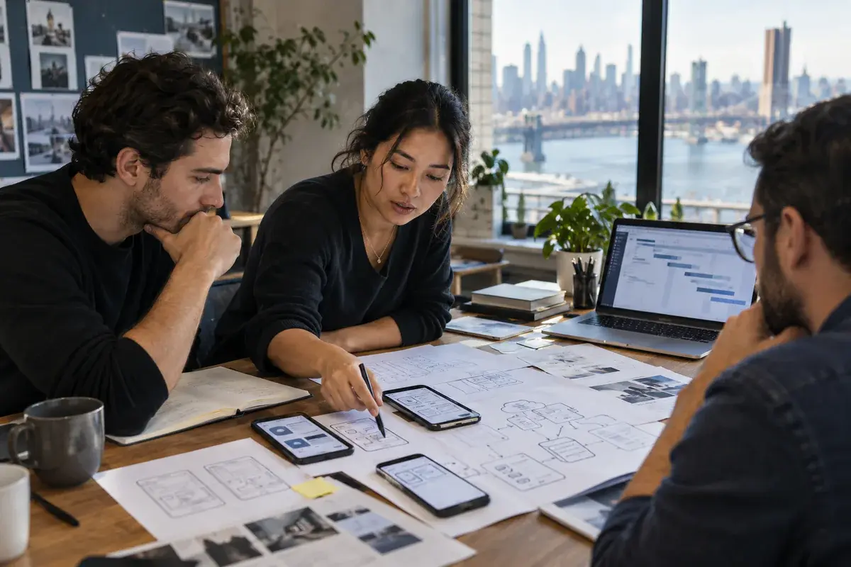 Product team planning mobile app wireframes and a project timeline at a table overlooking Manhattan