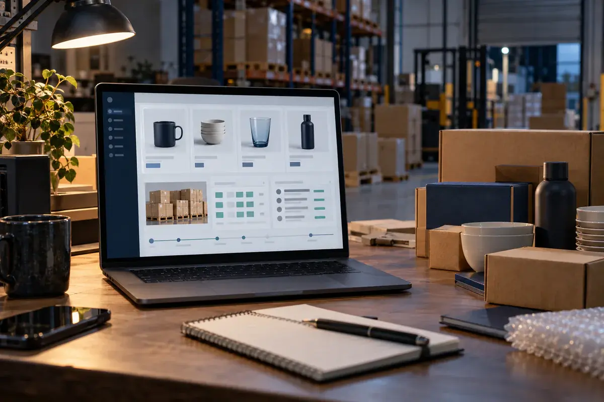 Laptop showing a wholesale product catalog and order tracker on a desk in a warehouse