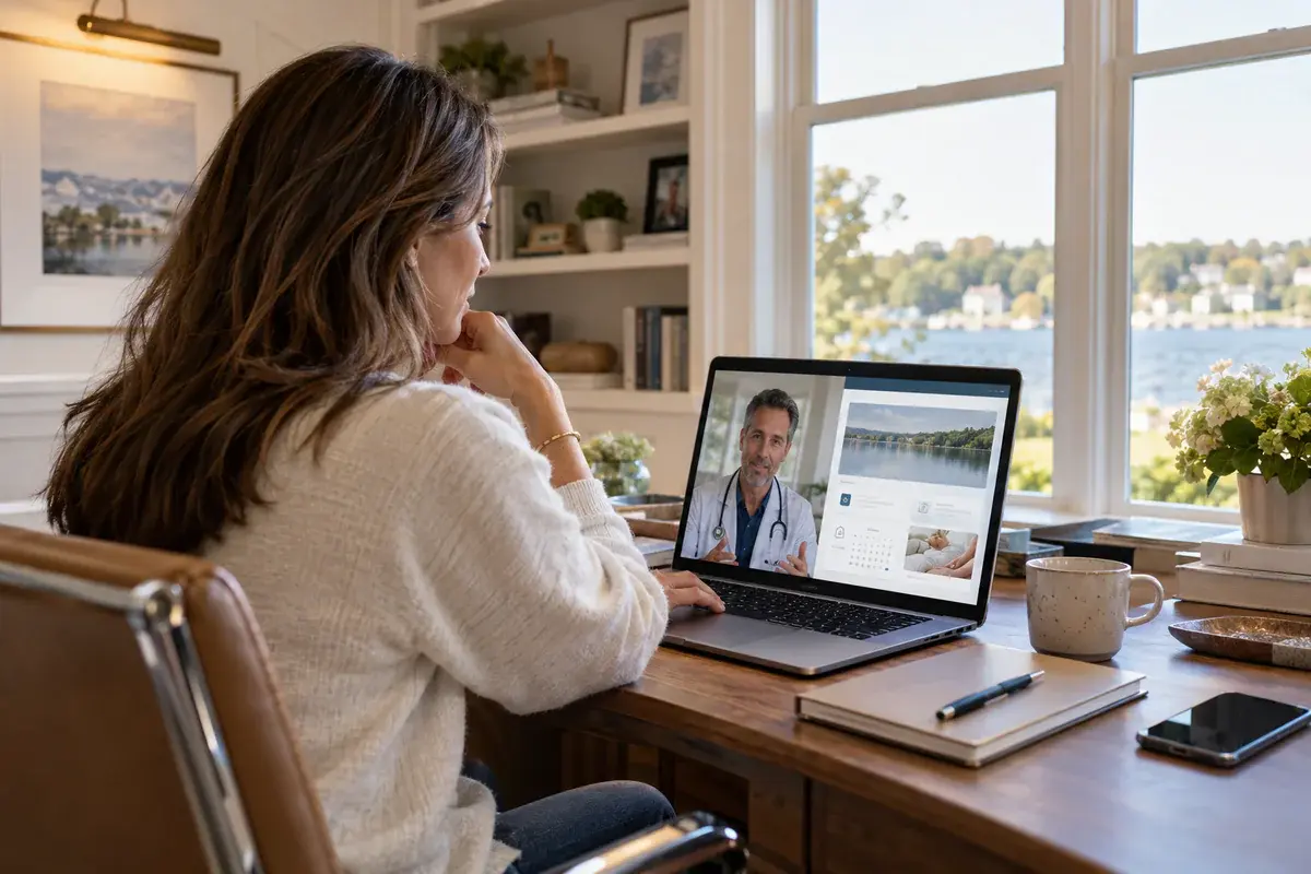 Woman at a home desk viewing a doctor video visit and scheduling page on her laptop