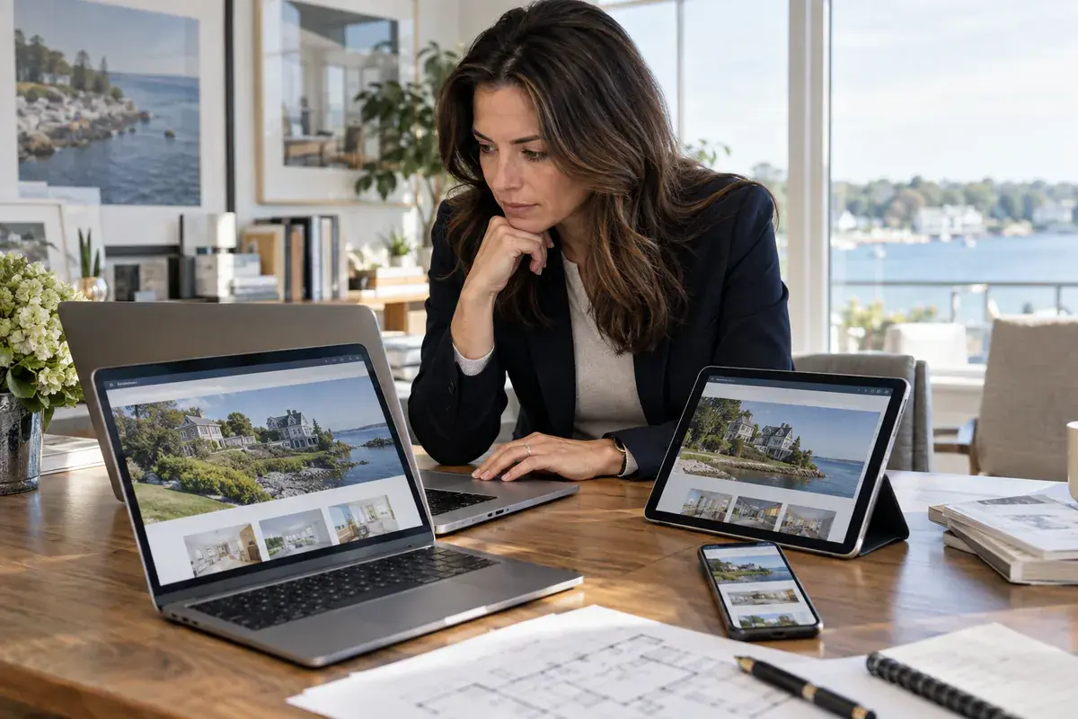 Woman reviewing a waterfront home listing website on a laptop, a tablet and a phone