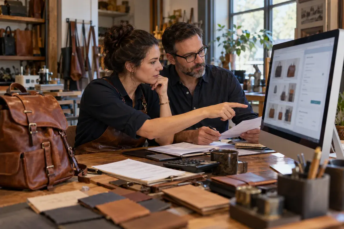 Two leather-goods makers reviewing paperwork next to a monitor showing their online bag store