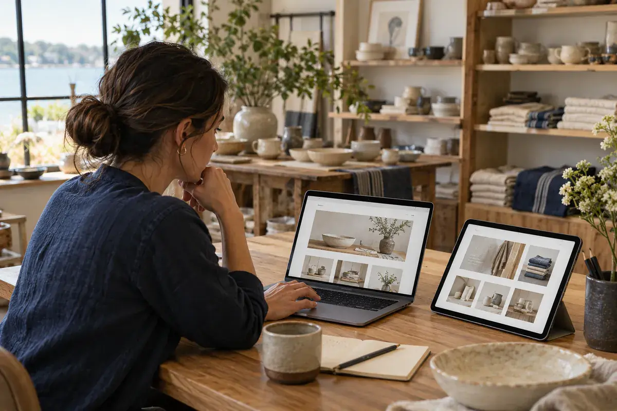 Woman in a ceramics and linen shop reviewing her online store on a laptop and a tablet
