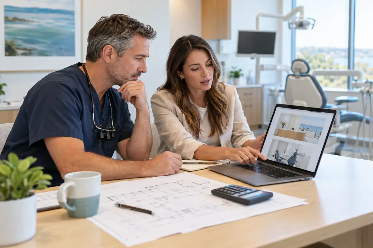 Dentist and a consultant reviewing a dental office website on a laptop beside floor plans