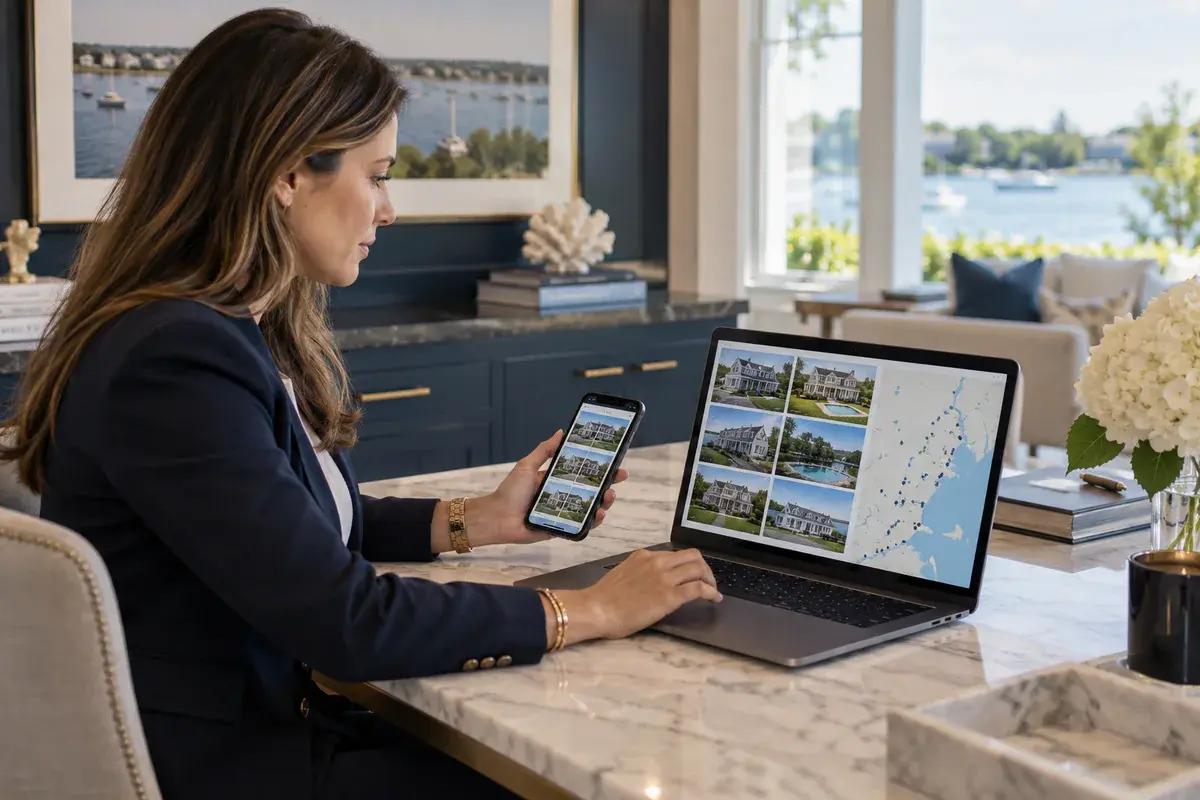 Real estate agent browsing home listings and a coastal map search on a laptop and a phone