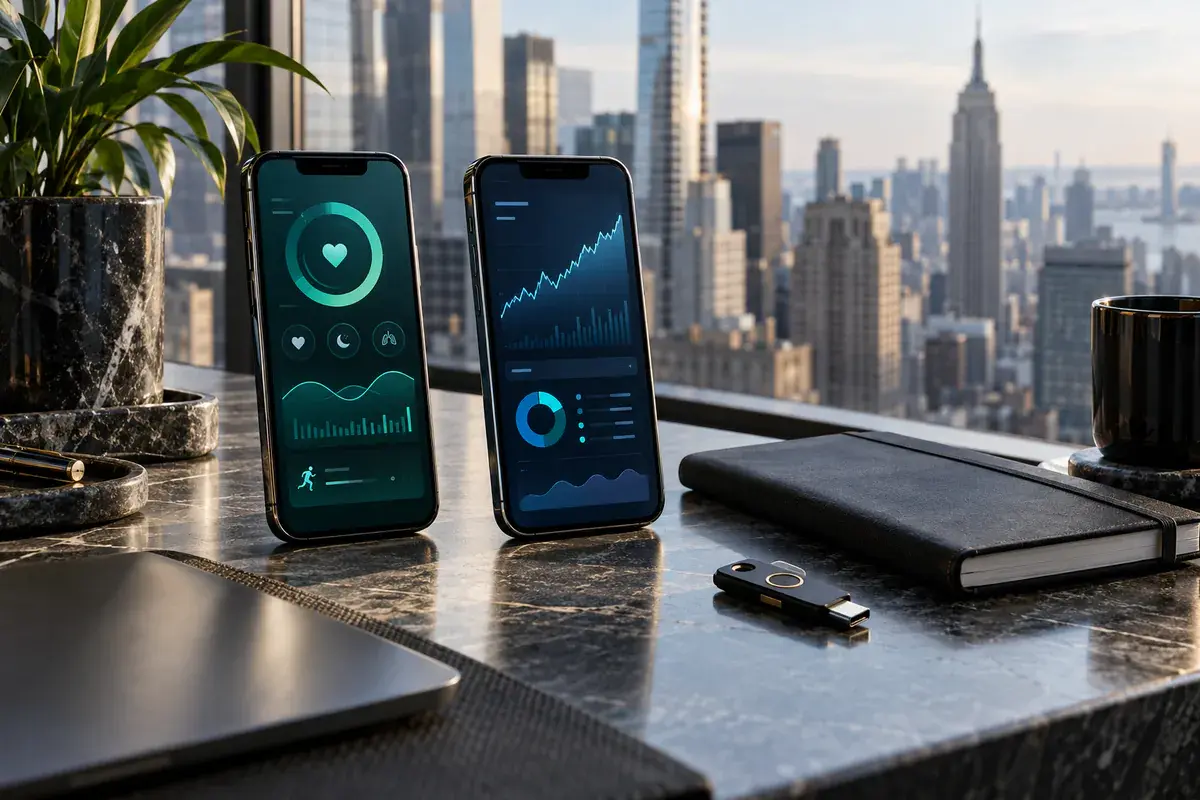 Health tracking and investment app dashboards on two phones on a desk overlooking Manhattan