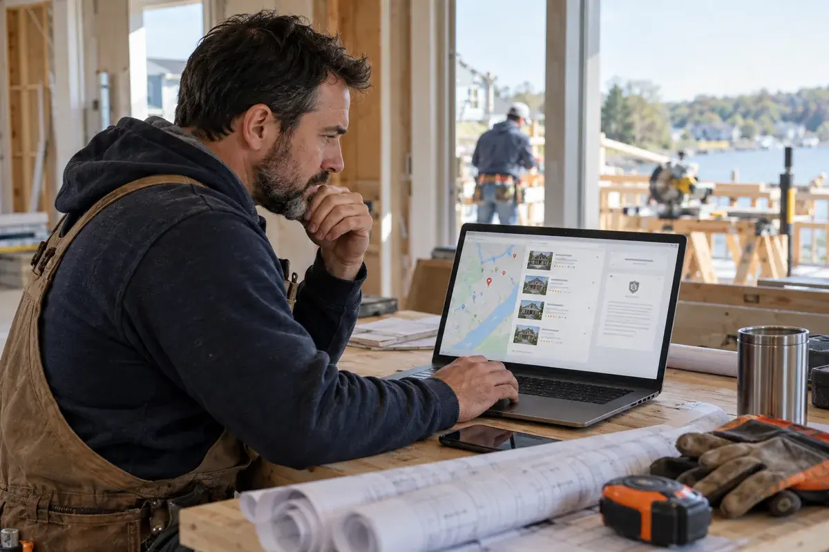 Contractor at a job-site table comparing local builder listings on a map on his laptop