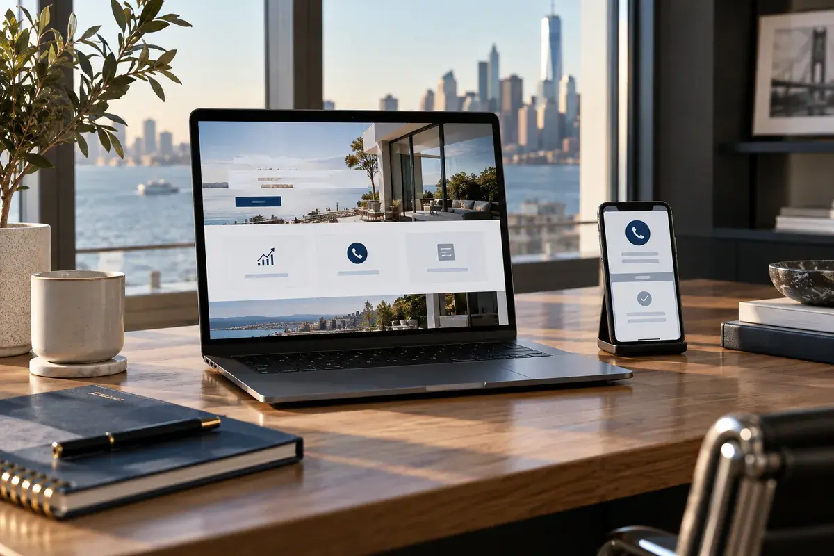 Laptop and phone showing a website with call and contact buttons, with the New York skyline behind
