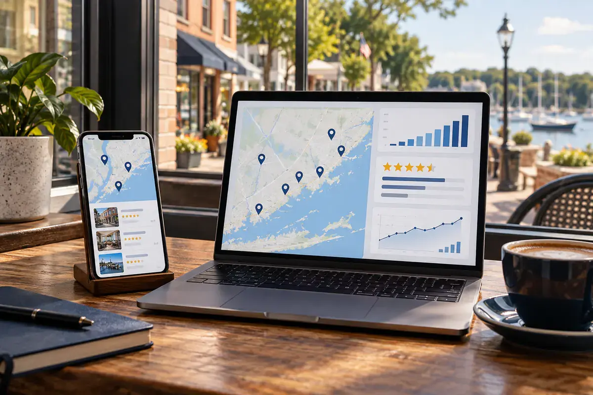Laptop and phone showing a coastal map with location pins, star ratings and charts at a harbor café