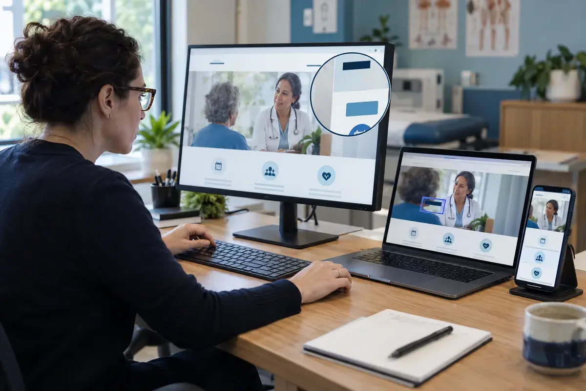 Woman checking a medical practice website on a monitor, a laptop and a phone, with a zoomed-in detail