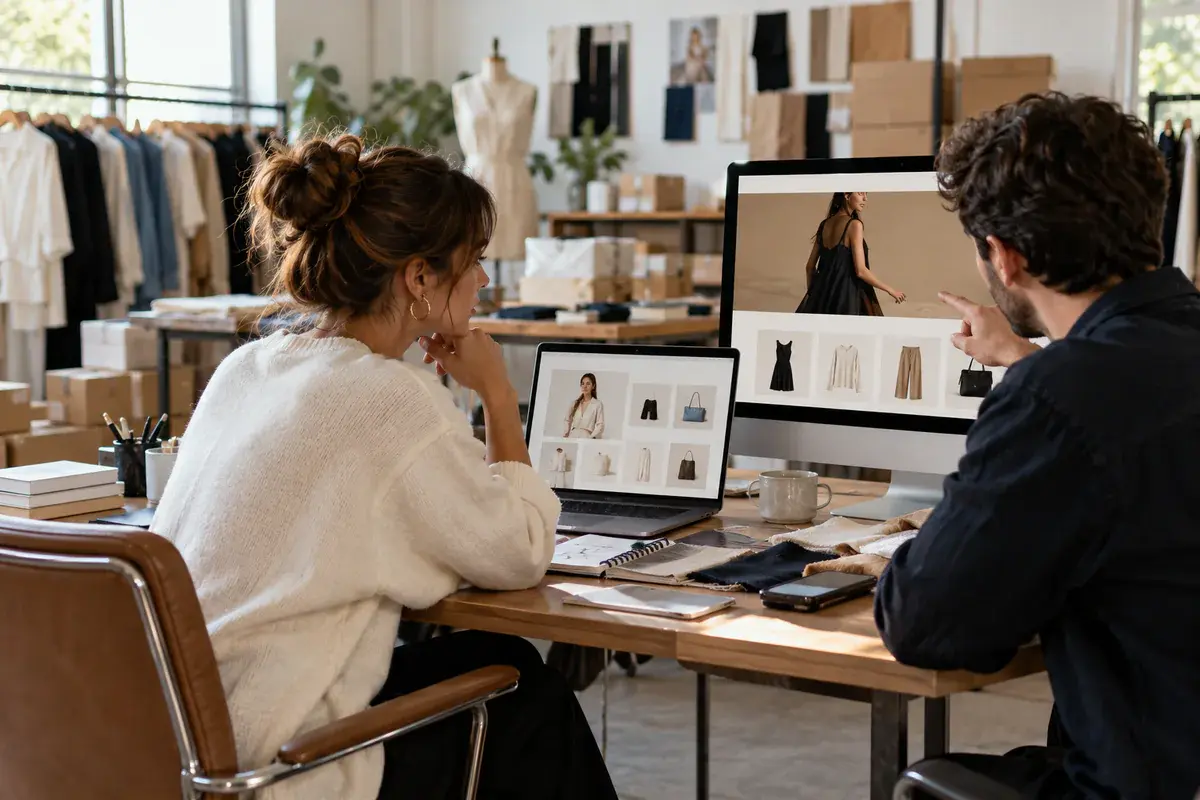 Two fashion brand owners reviewing their clothing store on a laptop and a desktop monitor in a studio