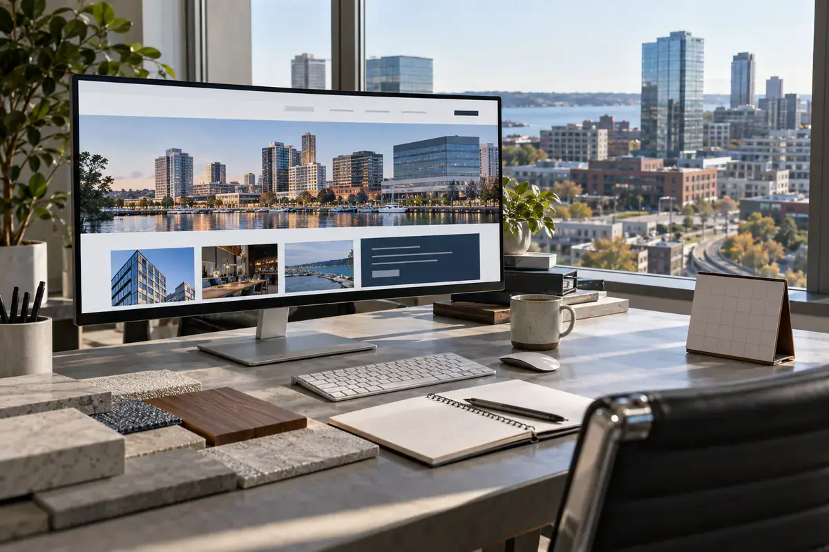 Monitor showing a waterfront city business website on a desk with material samples