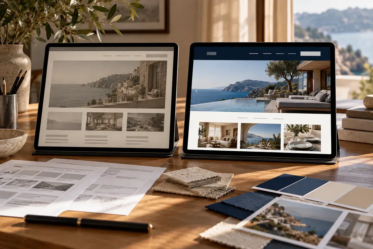 Two tablets comparing a faded old website with a bright redesigned version beside wireframes