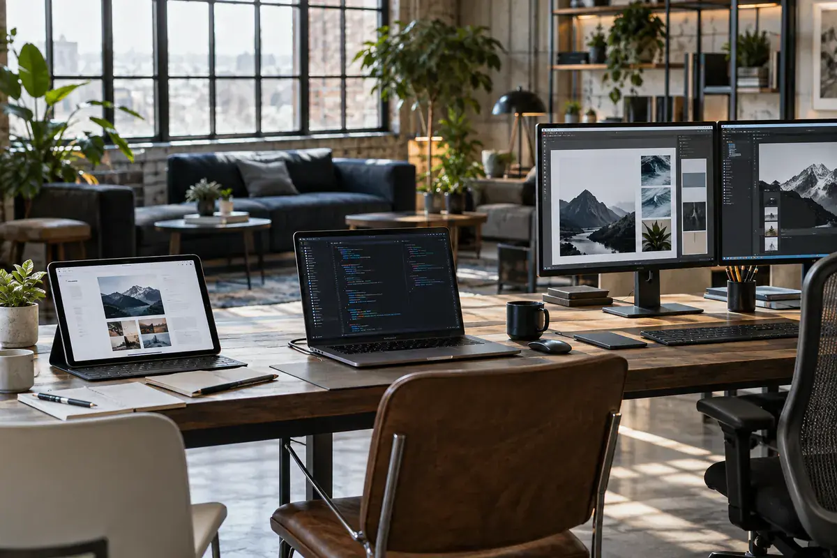 Loft studio desk with a tablet, a laptop showing code and two monitors with photo layouts