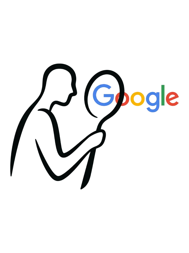 Line drawing of a person examining the Google logo through a magnifying glass