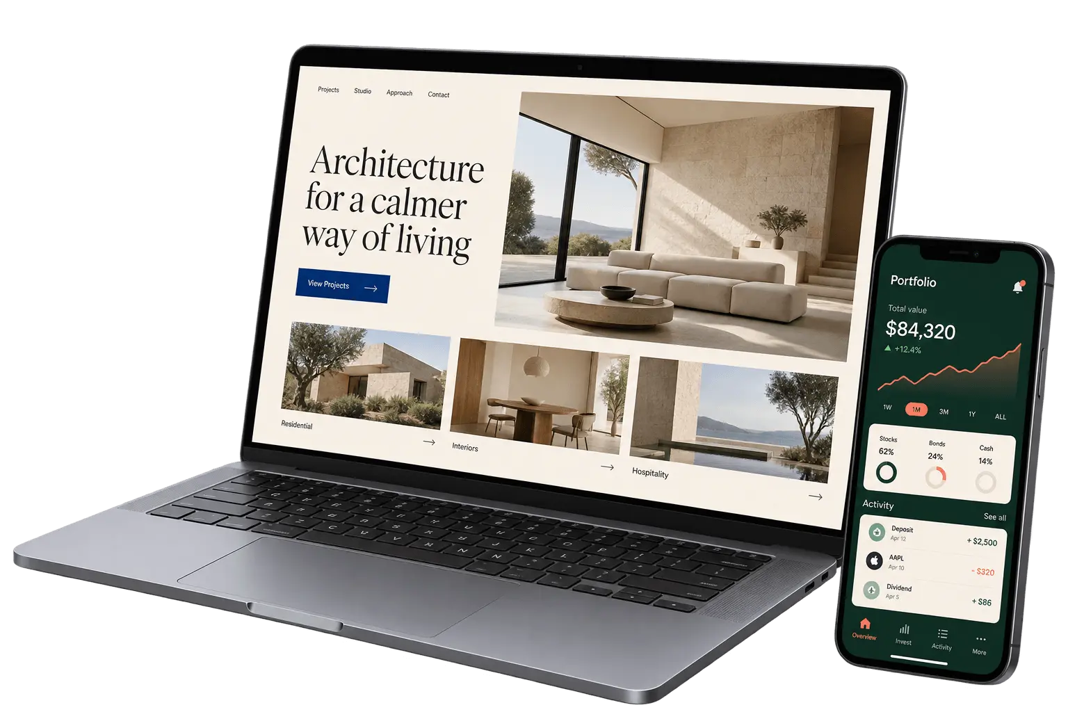 Responsive website mockup with charts and photo cards on a laptop and a phone