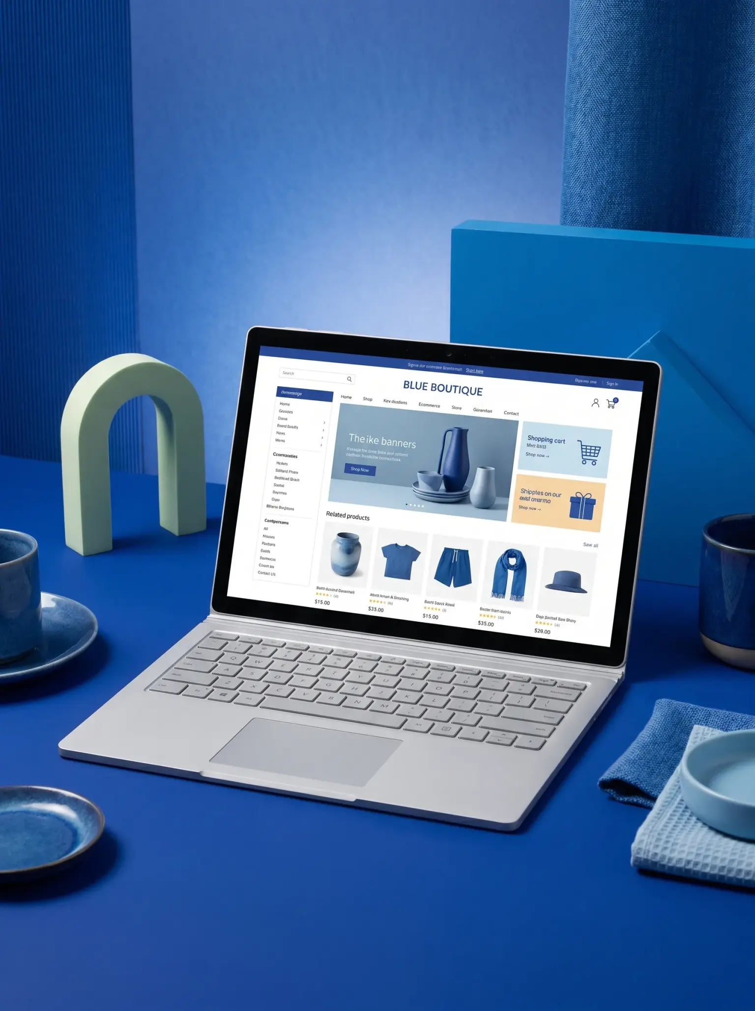 Online boutique homepage with product banners and listings on a laptop against a blue backdrop