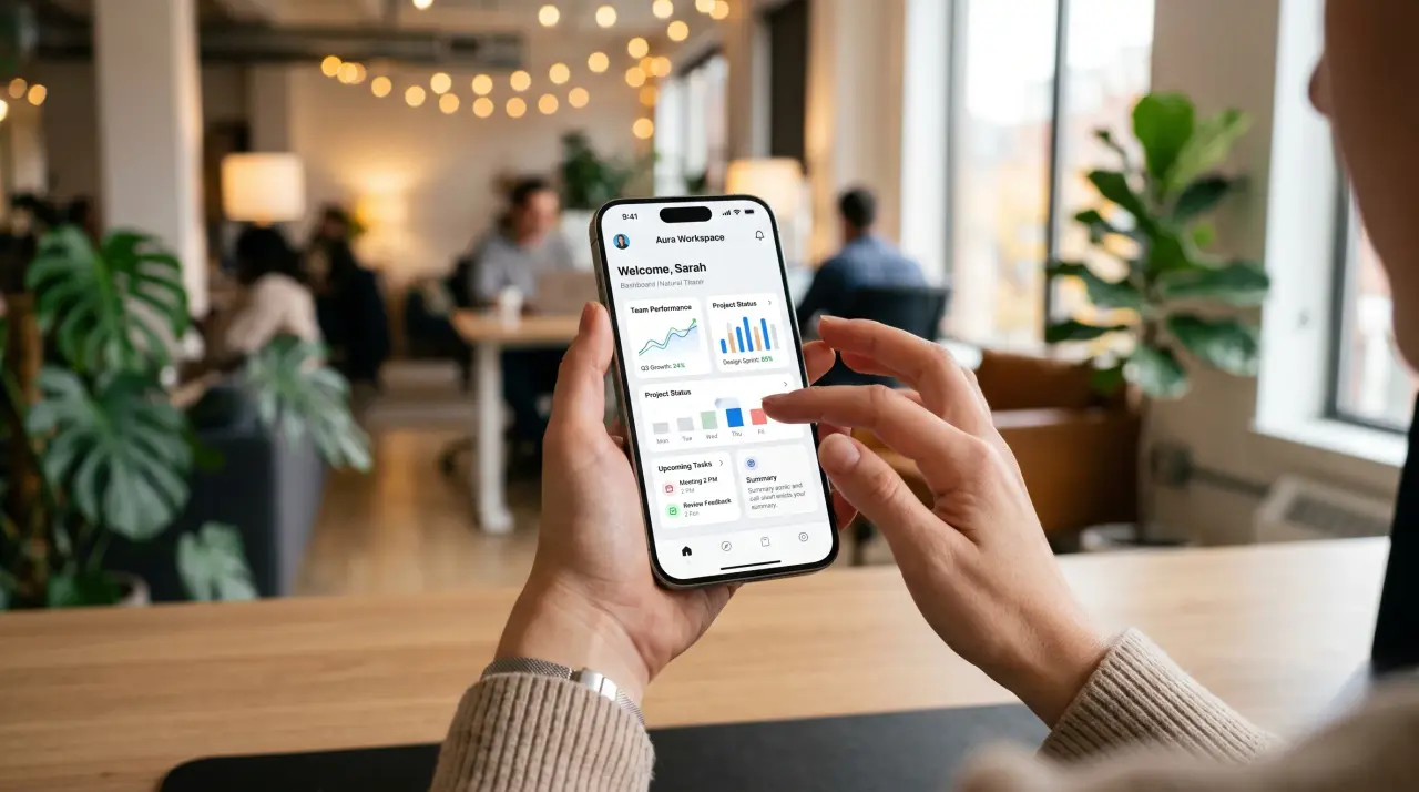 Hand holding a smartphone with a team workspace app showing performance charts and tasks