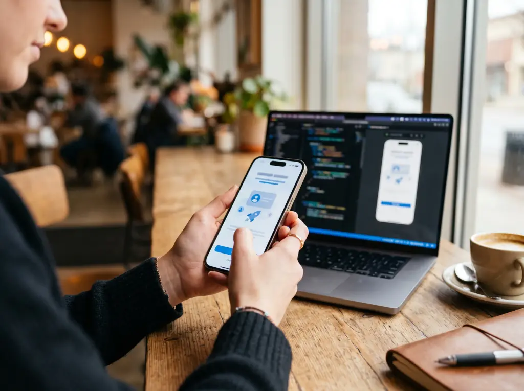 Person testing a mobile app onboarding screen on a phone with the app's code open on a laptop