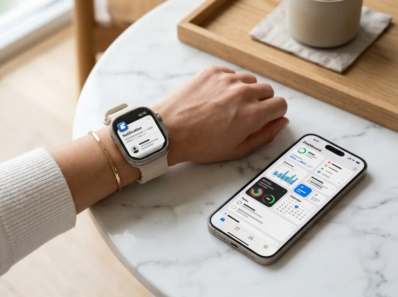 Smartwatch notification and a smartphone dashboard app on a marble table