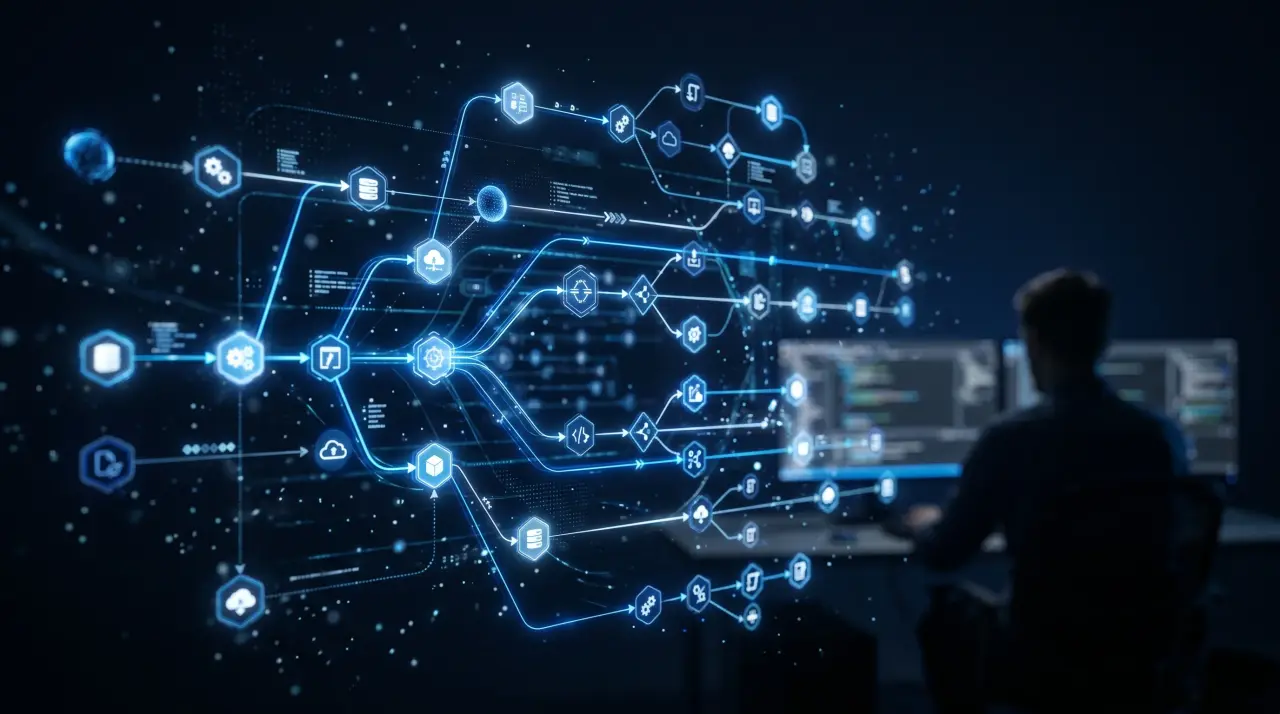 Glowing workflow diagram of connected automation steps beside a developer at his monitors
