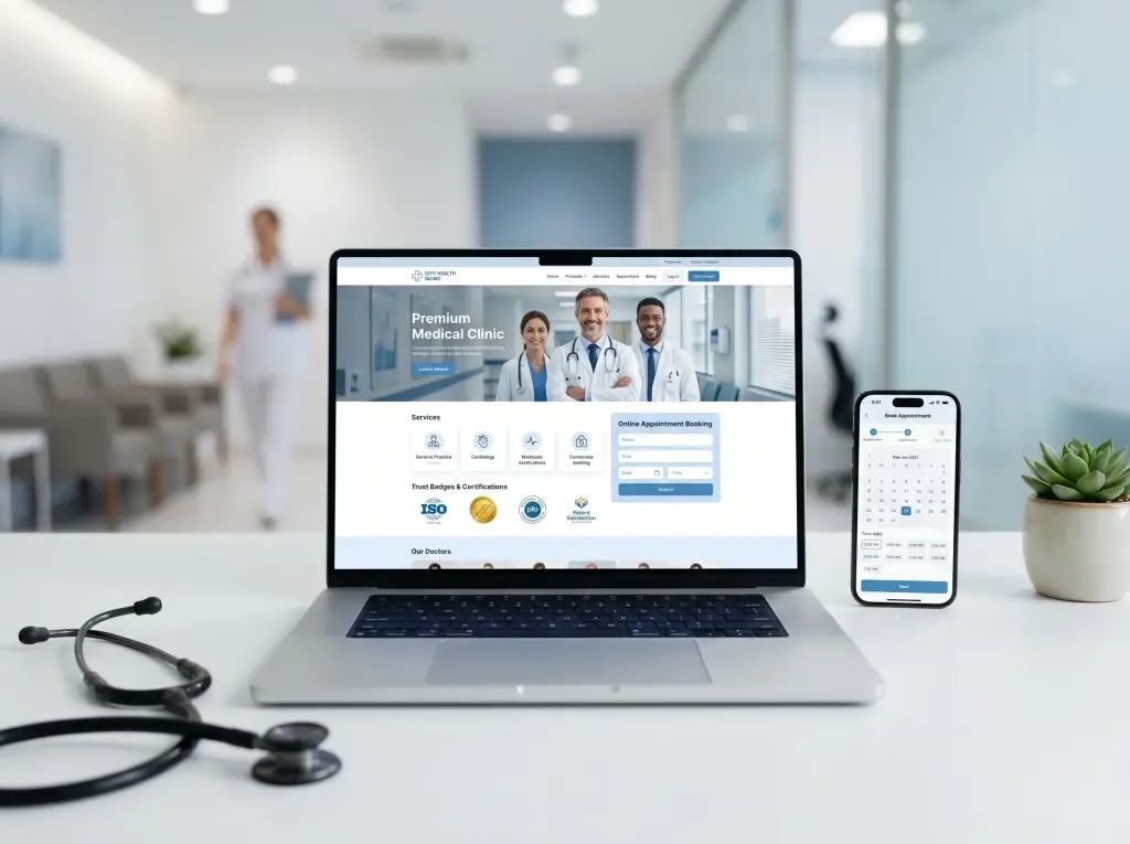 Medical clinic website with online appointment booking on a laptop and a phone