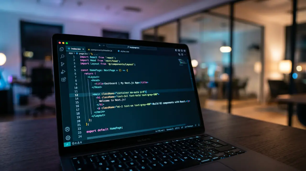 Laptop showing React and Next.js code in a code editor in a dim office
