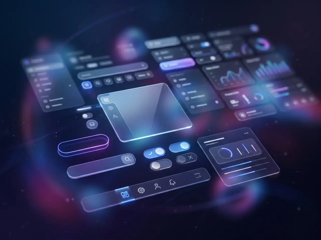 Floating interface components such as toggles, search bars, cards and charts in a 3D render