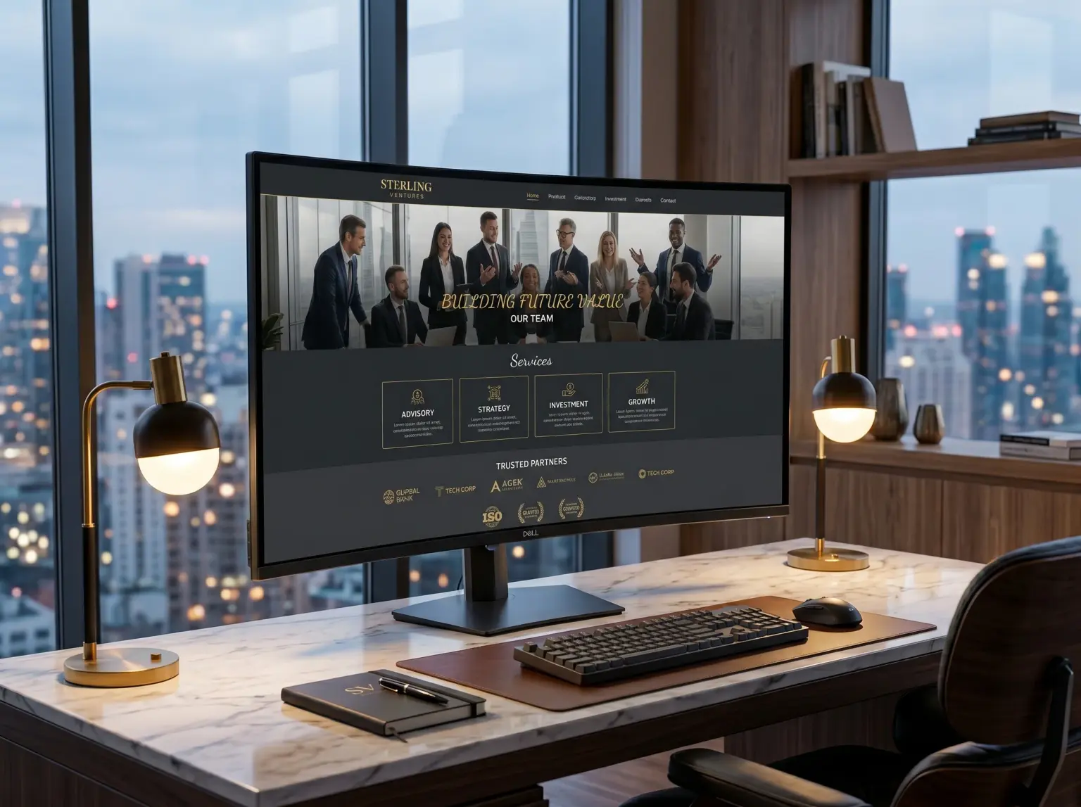 Corporate website with advisory, strategy and investment sections on a monitor in a high-rise office
