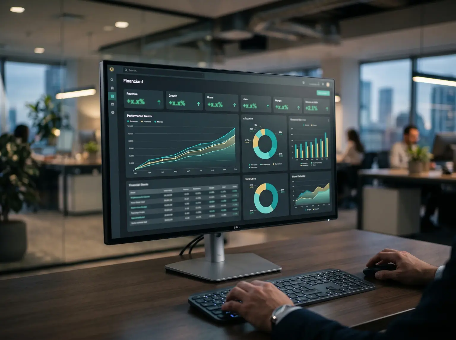 Analytics dashboard with revenue, growth and user charts on a desktop monitor