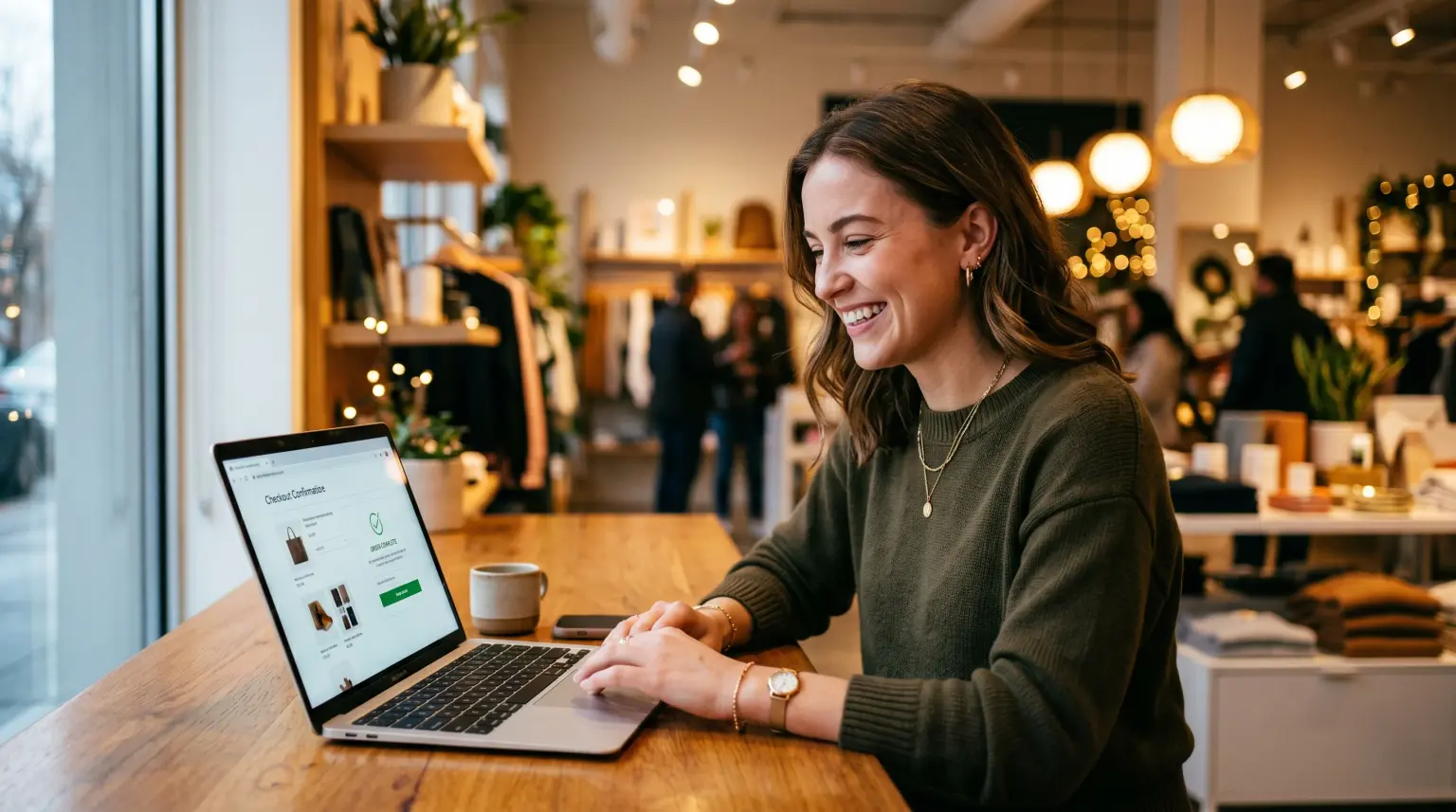 Smiling woman at a laptop showing an order-complete checkout page in a boutique