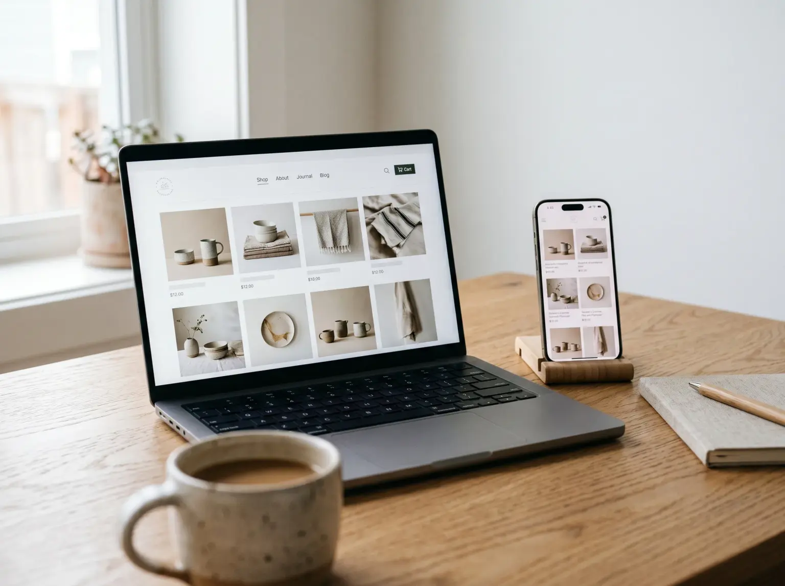 Ceramics and linen online store shown on a laptop and a phone on a wooden table