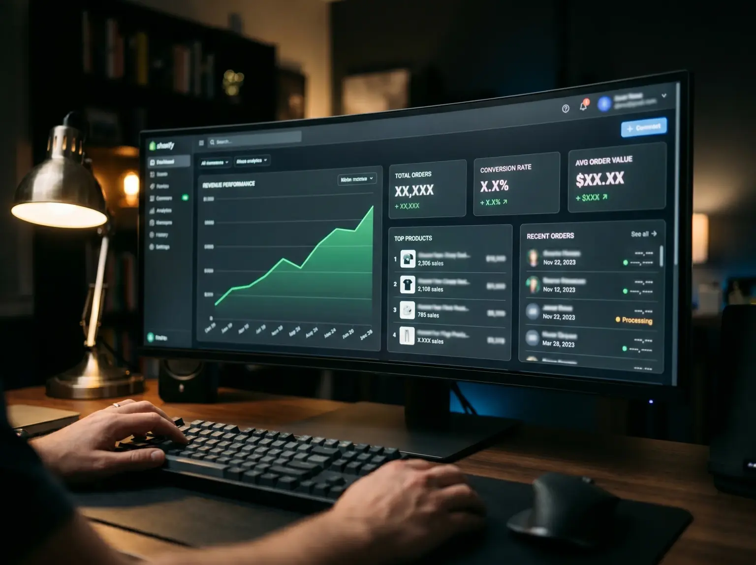 Store admin dashboard with a revenue chart, conversion rate, top products and recent orders