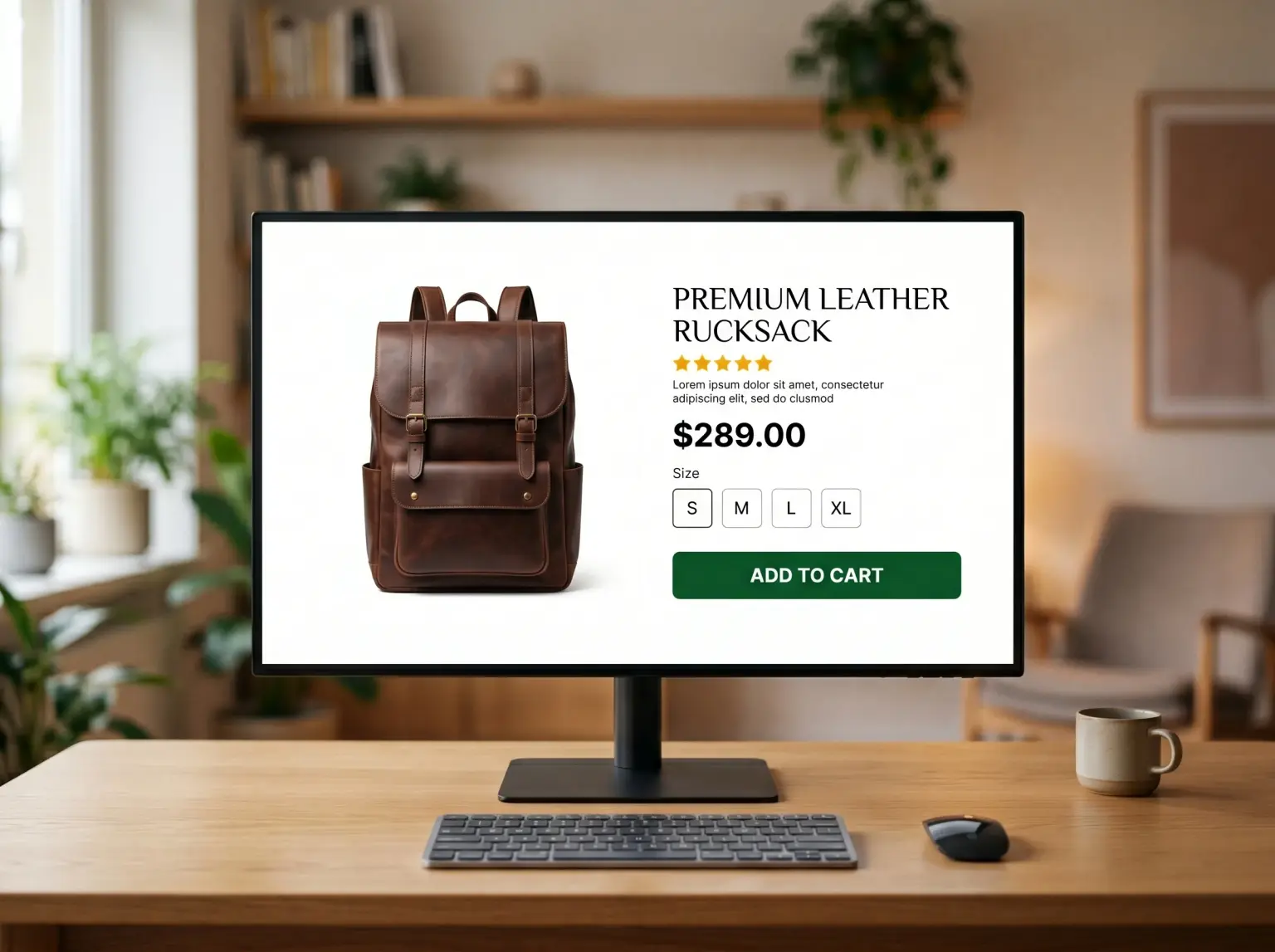 Leather backpack product page with star rating, price, size picker and add-to-cart button