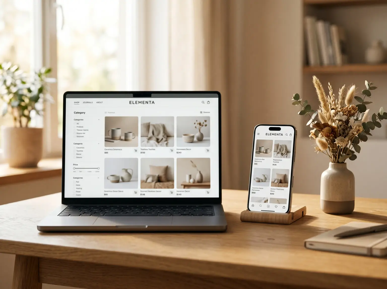 Home goods online store with a product grid and category filters on a laptop and a phone