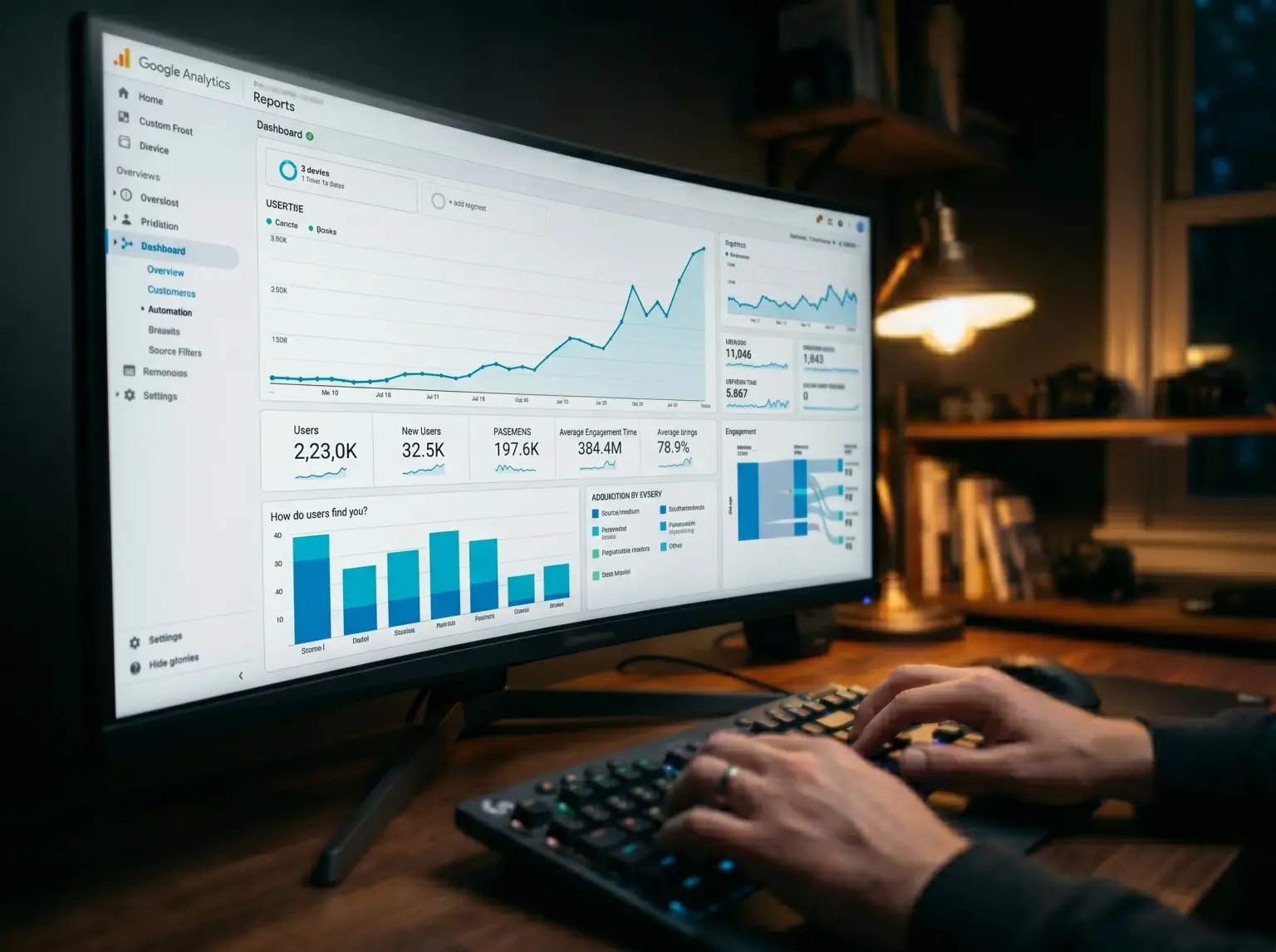 Google Analytics dashboard with user growth and acquisition charts on a desktop monitor