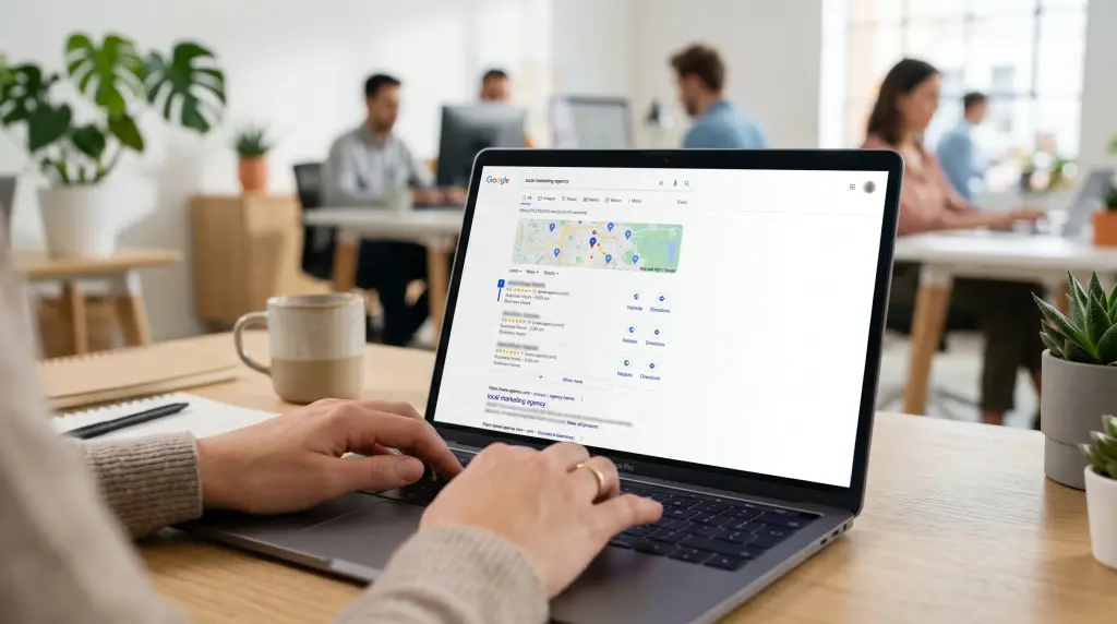 Google search for a local agency with a map pack of business listings on a laptop