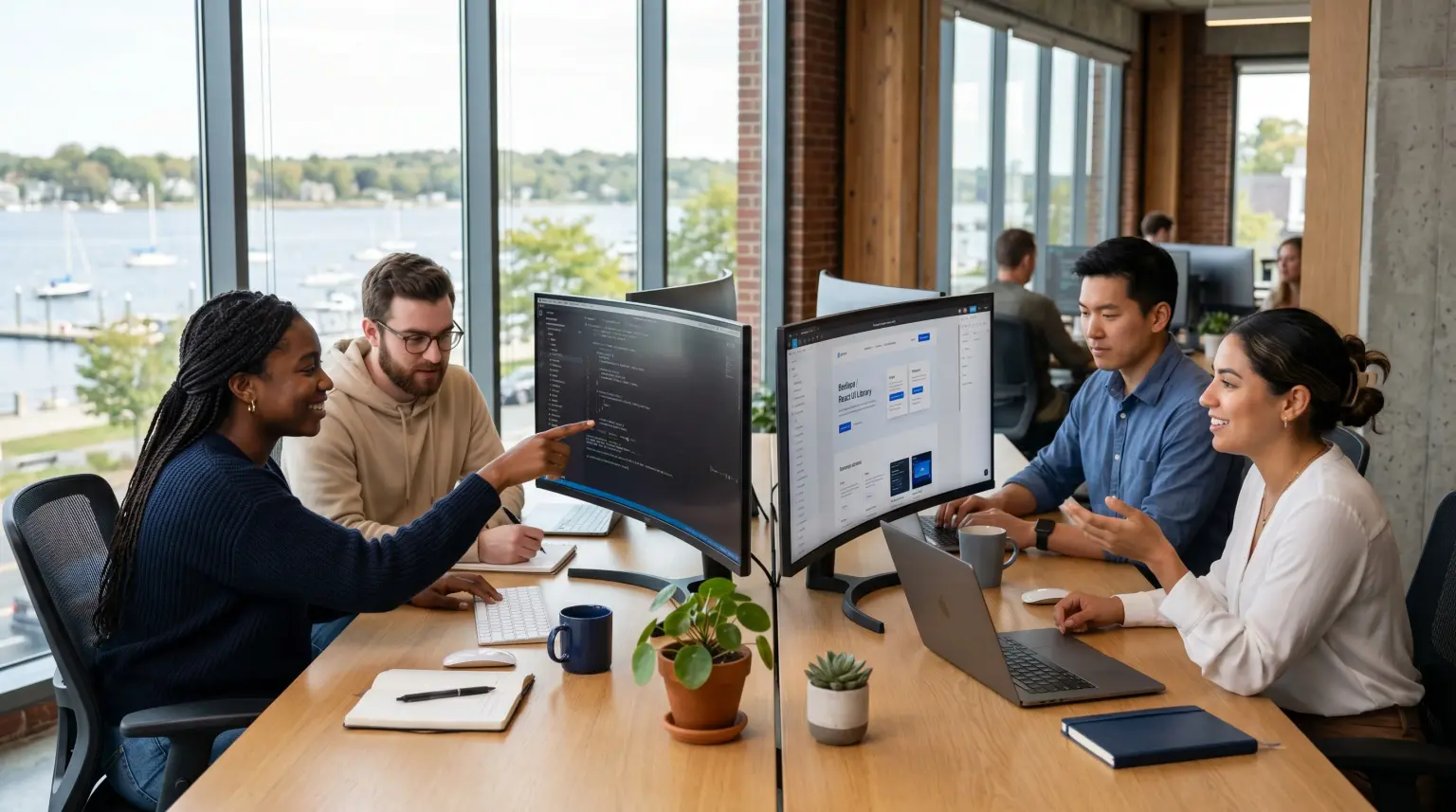 Developers discussing code and a UI library on two monitors at a shared desk by the water