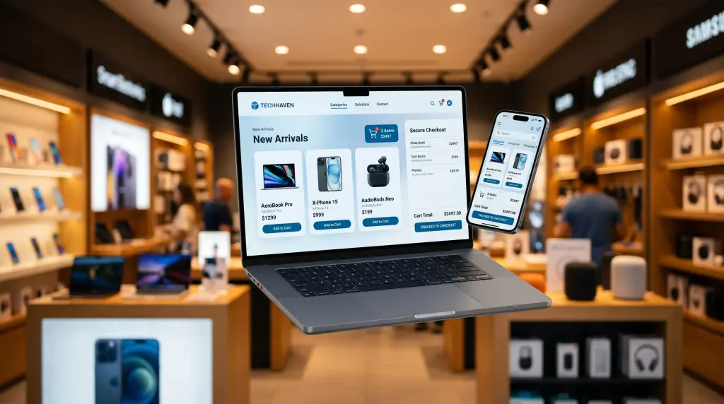 Electronics online store and mobile checkout displayed on a laptop and a phone in a retail store
