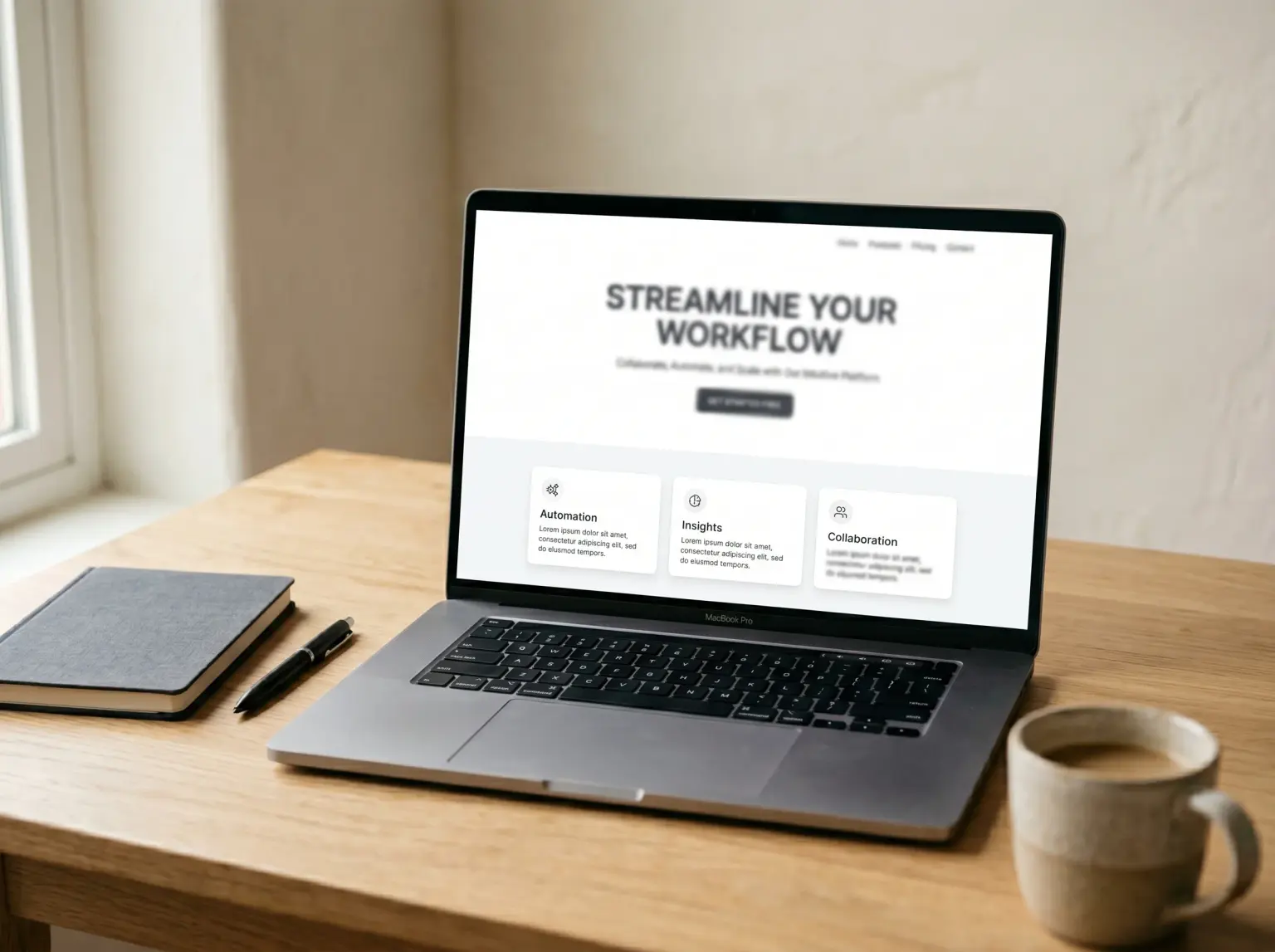 Laptop on a wooden desk showing a minimal one-page website with three feature cards