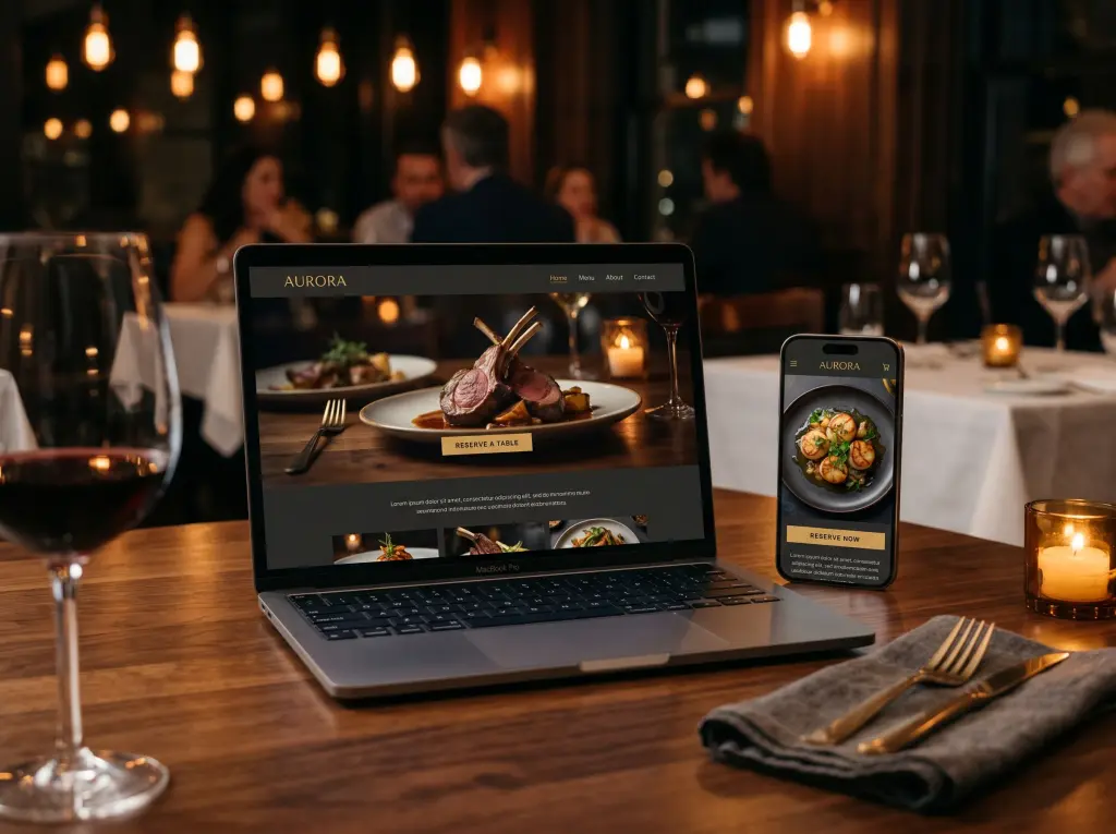 Fine-dining restaurant website with table reservations on a laptop and a phone
