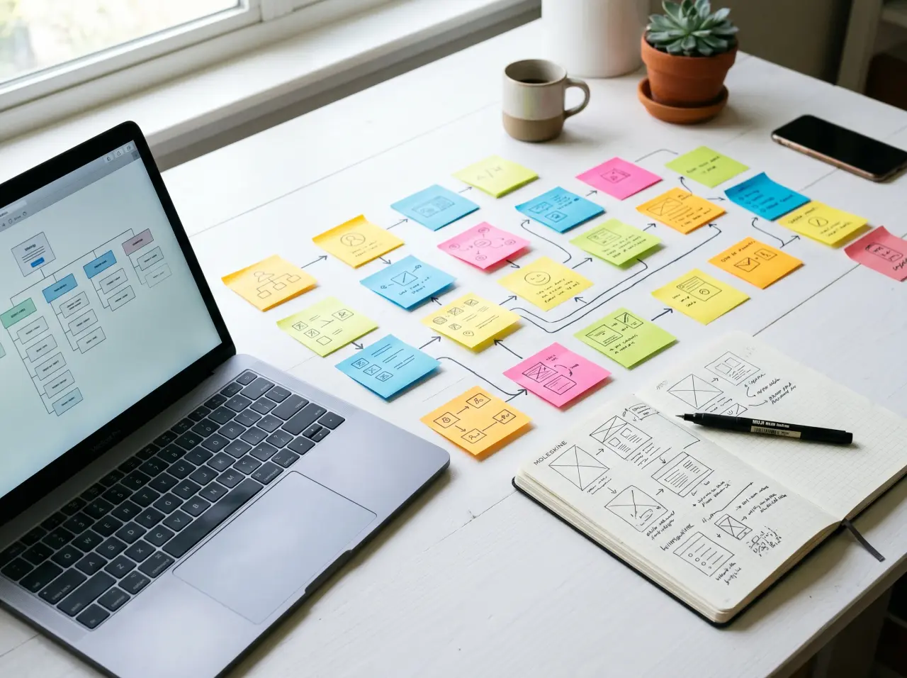 Sticky-note user flow and notebook wireframes on a desk beside a laptop showing a sitemap
