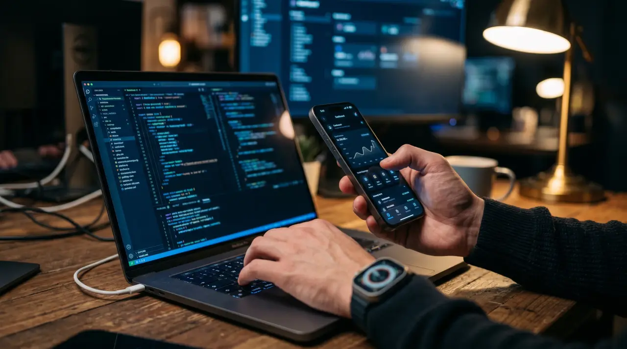 Developer coding on a laptop while testing a dark-mode dashboard app on a smartphone
