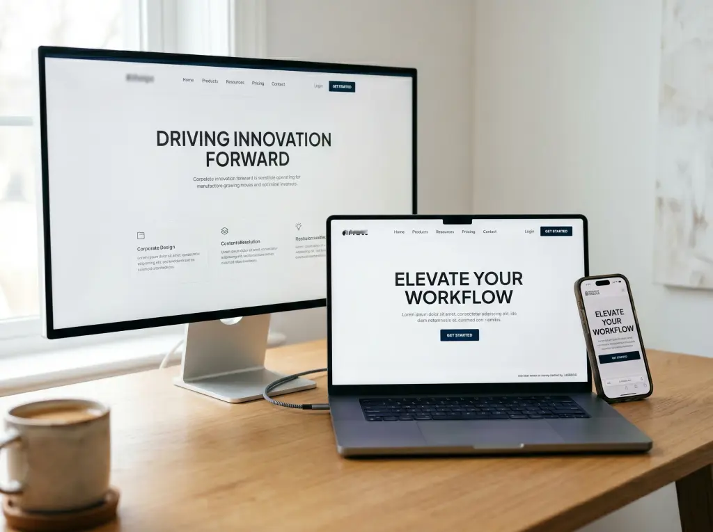 Business website shown on a desktop monitor, a laptop and a phone on a wooden desk