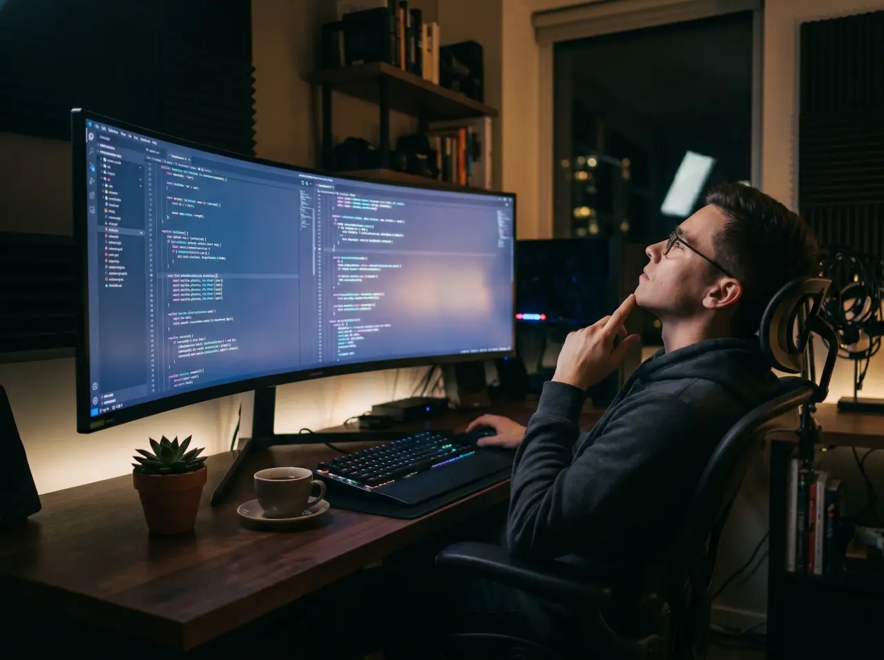 Developer thinking in front of a curved monitor full of code in a dark home office