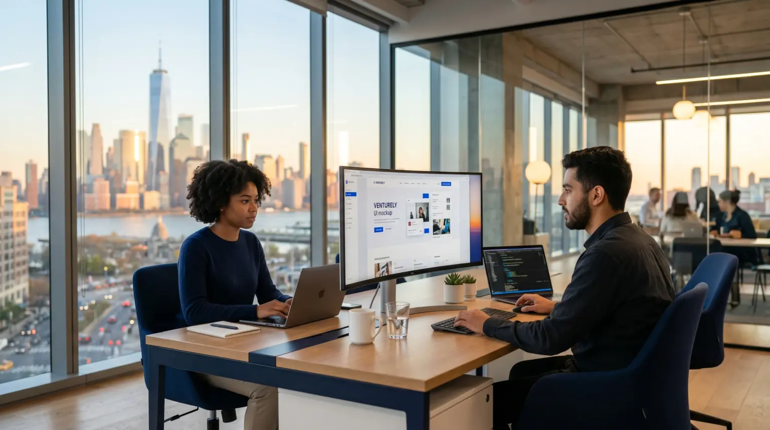 Two colleagues working on a website mockup and code in an office overlooking Lower Manhattan