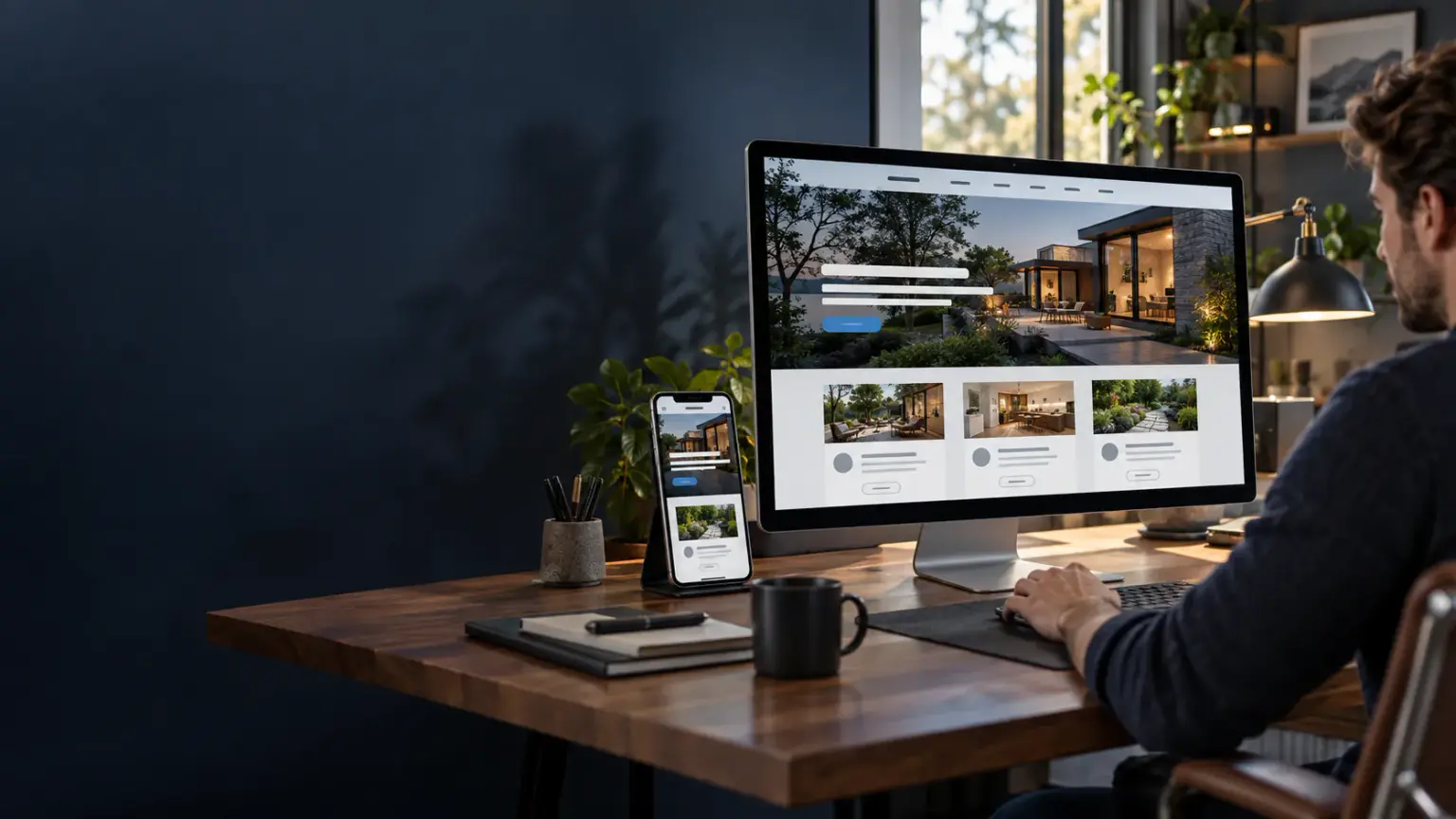 Designer building a responsive local-business website shown on a desktop monitor and phone