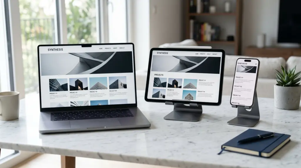 Architecture studio website displayed on a laptop, a tablet and a phone on a marble table
