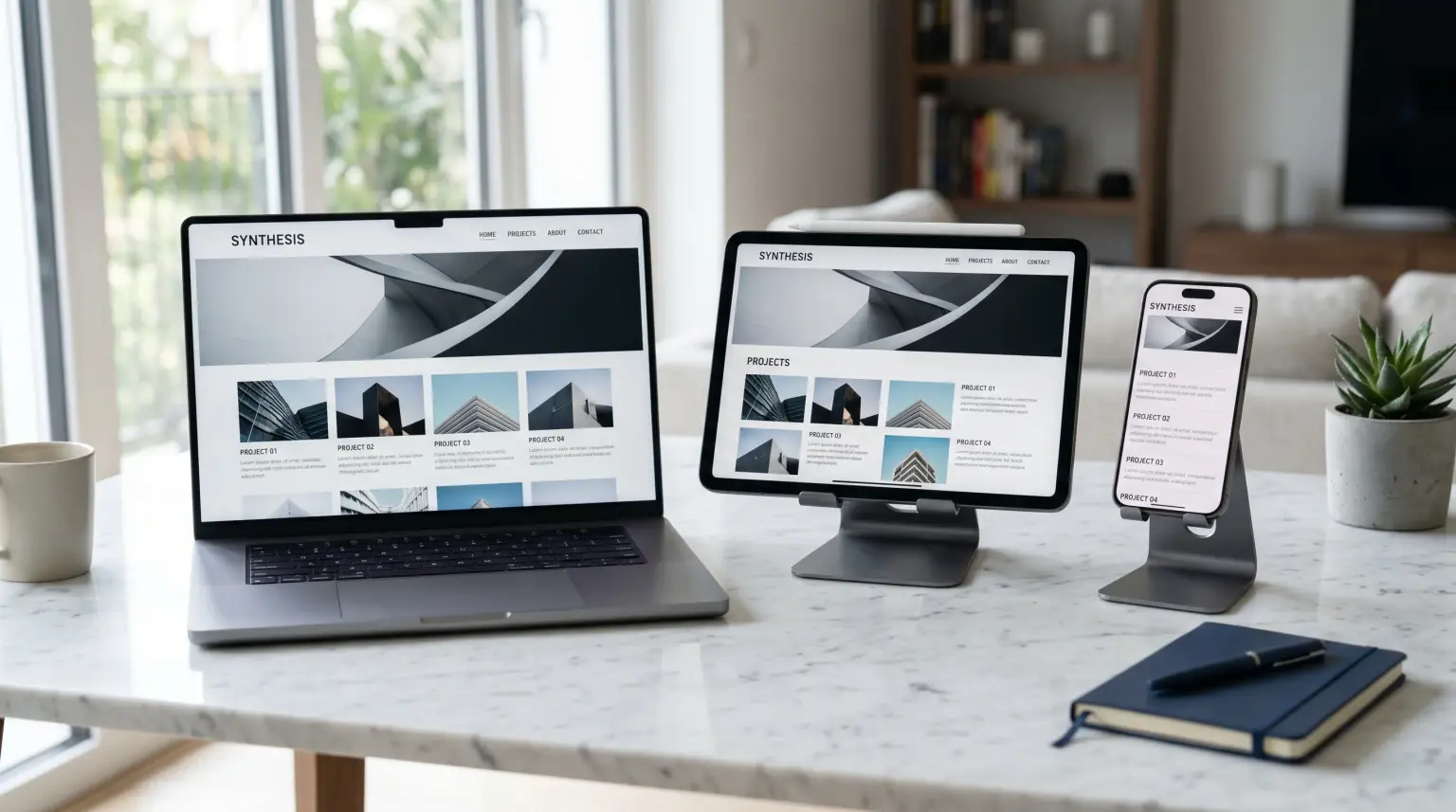 Architecture studio website displayed on a laptop, a tablet and a phone on a marble table