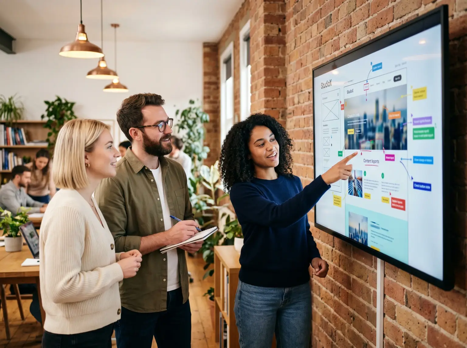 Three colleagues reviewing an annotated website layout on a wall-mounted screen in a brick-walled office