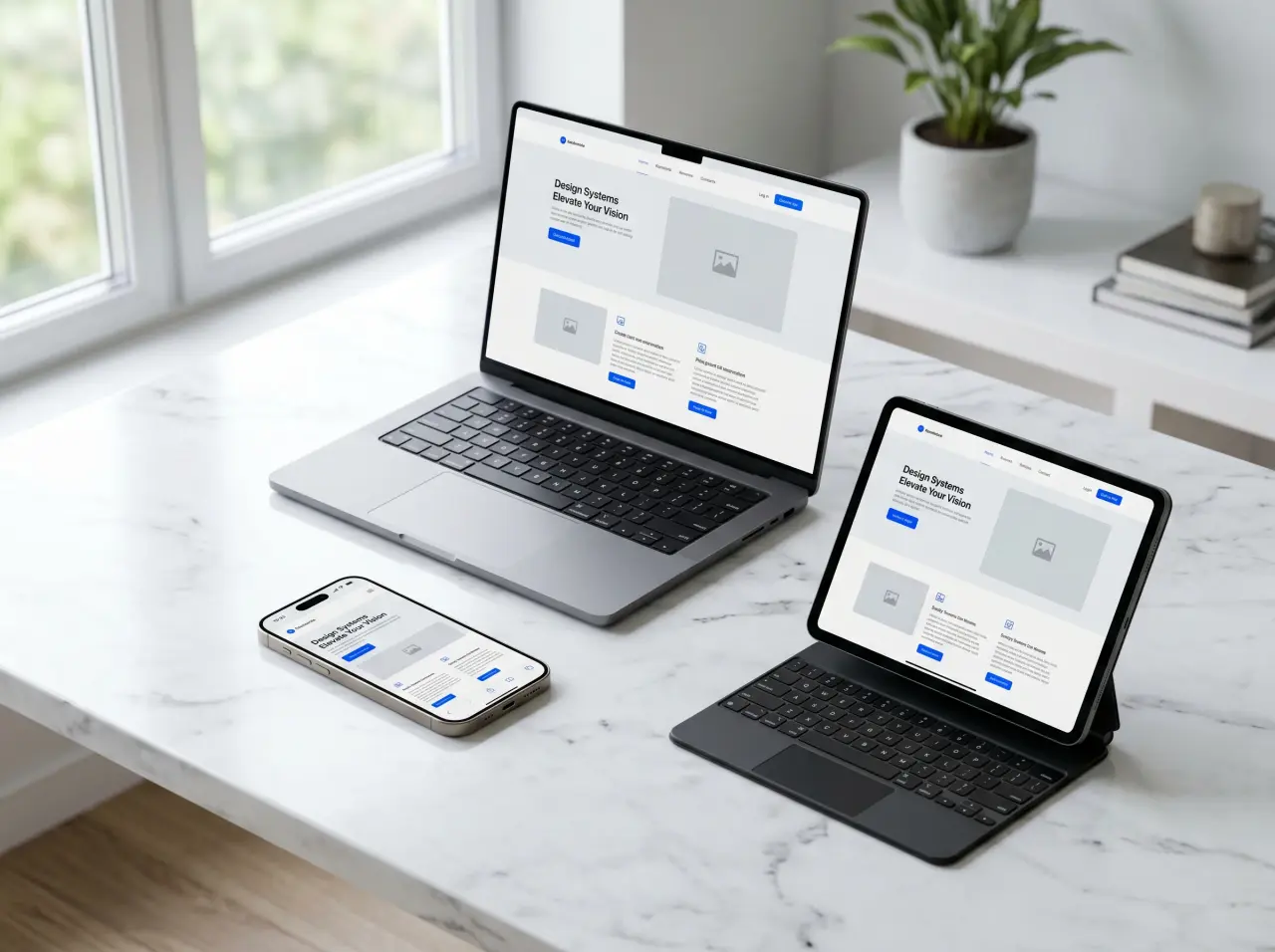 Website wireframe layout displayed on a laptop, a tablet and a phone on a marble desk